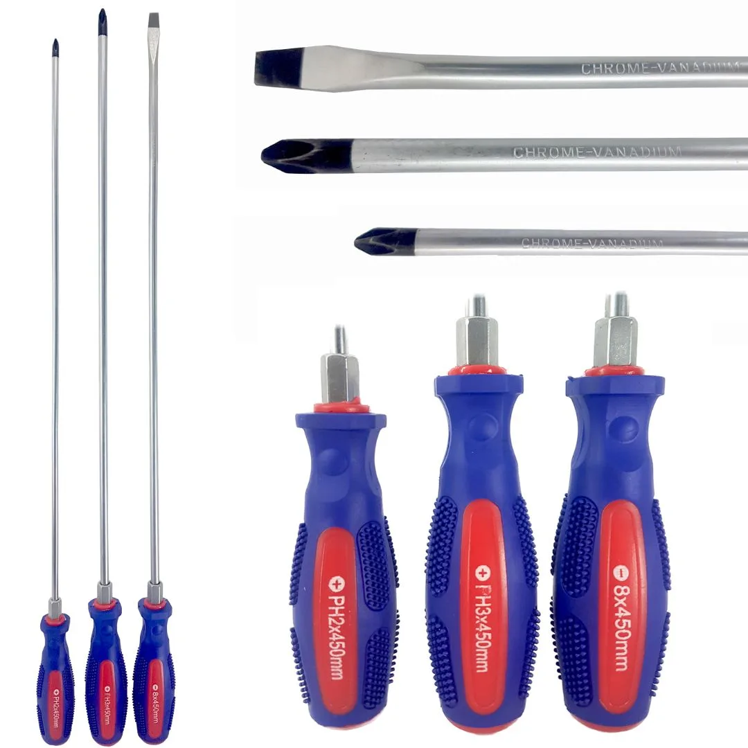 Destornilladores extra largos Plano y Phillips – 3 pcs.
