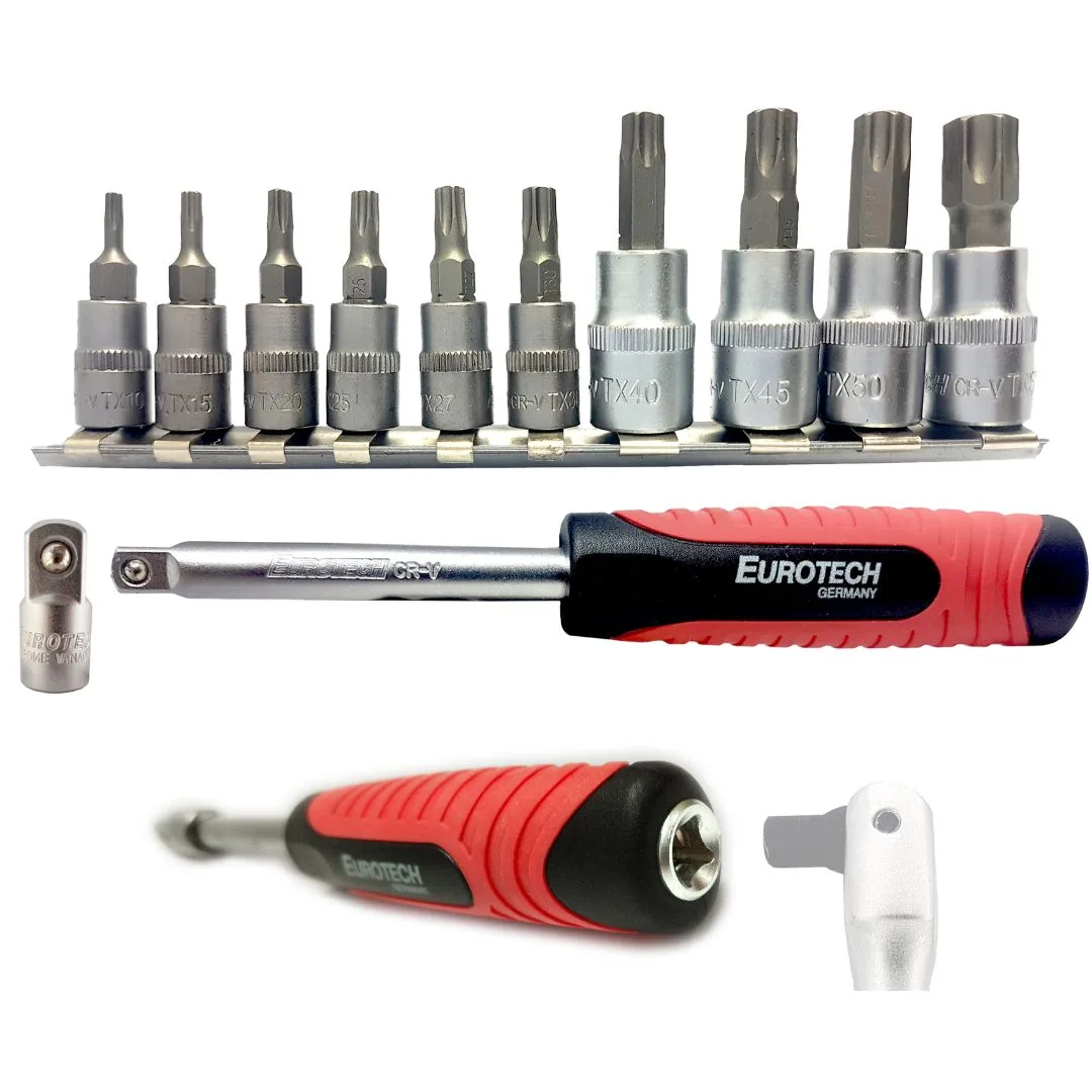 Puntas Torx enc. 1/4″ y 3/8″ con mango y adaptador – 12 pcs.